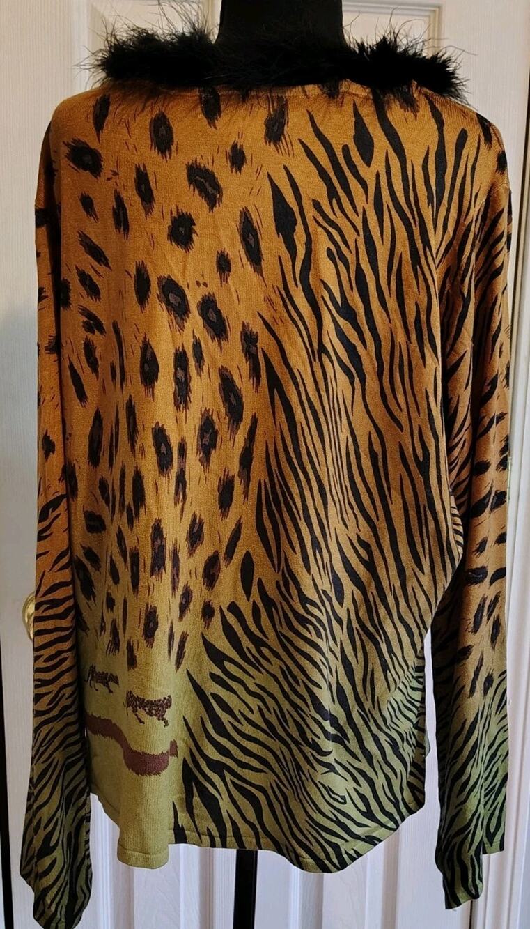City Girl Nancy Bolen Silk Animal Print Beaded Top Detachable Feather Collar XL